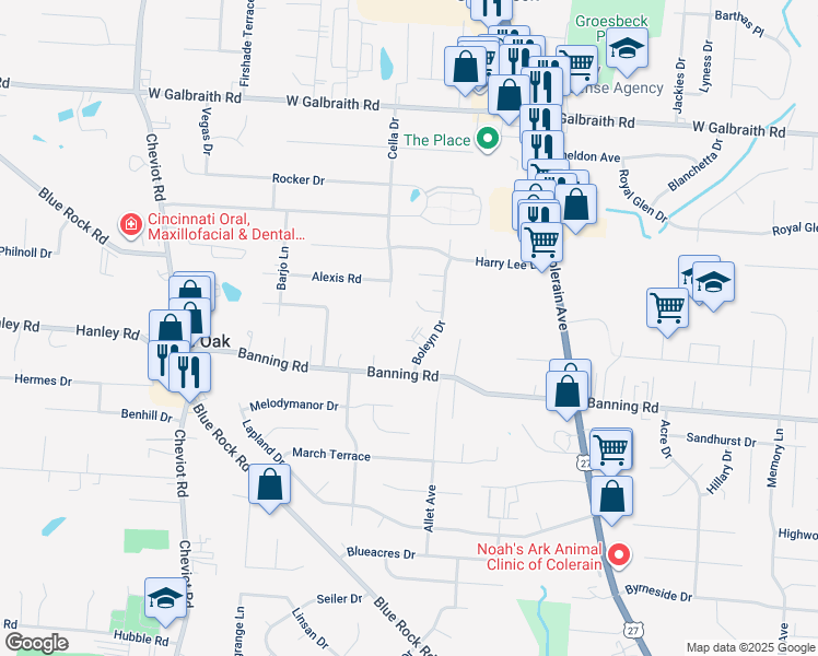 map of restaurants, bars, coffee shops, grocery stores, and more near 7231 Boleyn Drive in Cincinnati