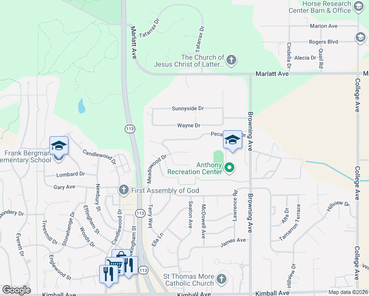 map of restaurants, bars, coffee shops, grocery stores, and more near 3101 Meadowood Circle in Manhattan