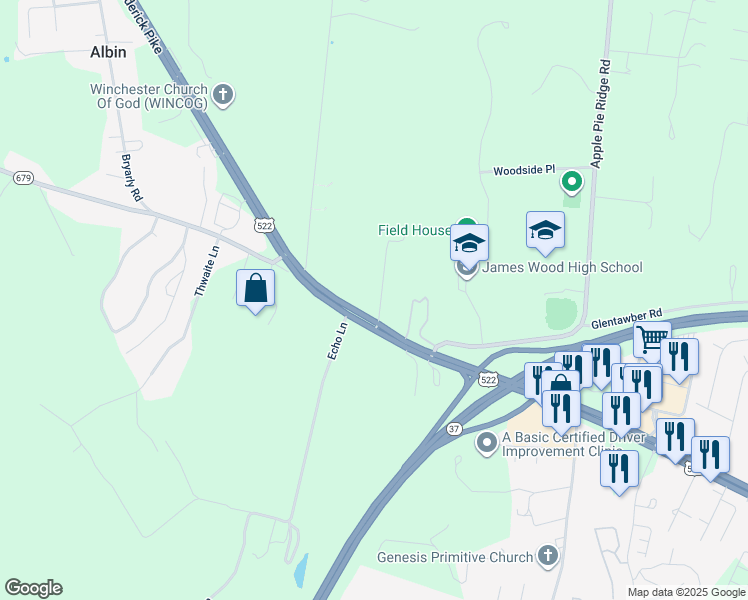 map of restaurants, bars, coffee shops, grocery stores, and more near 125 Ashton Drive in Winchester