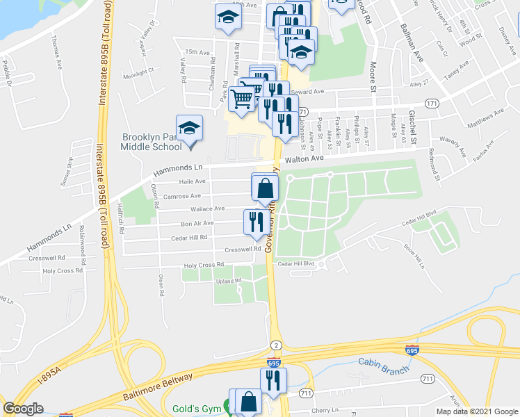 map of restaurants, bars, coffee shops, grocery stores, and more near 5904 Ritchie Highway in Brooklyn Park