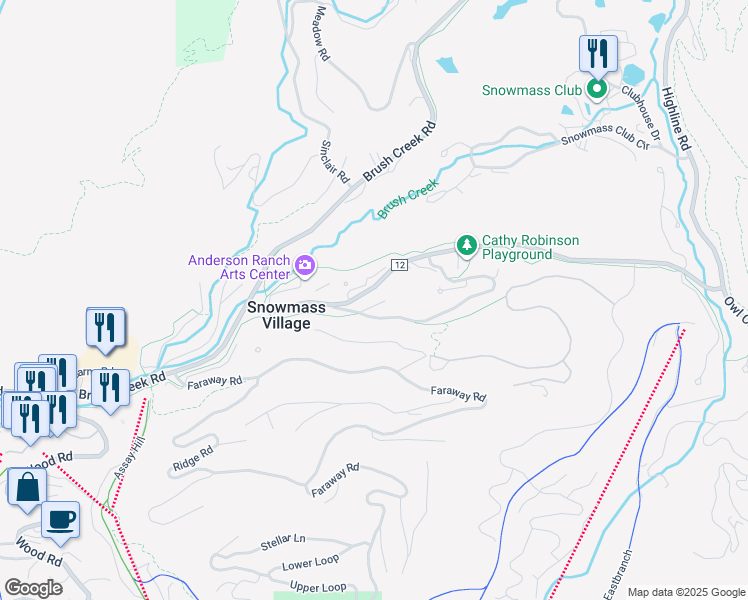 map of restaurants, bars, coffee shops, grocery stores, and more near 20 Meadow Ranch Road in Aspen