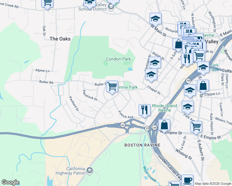map of restaurants, bars, coffee shops, grocery stores, and more near 608 Brighton Street in Grass Valley