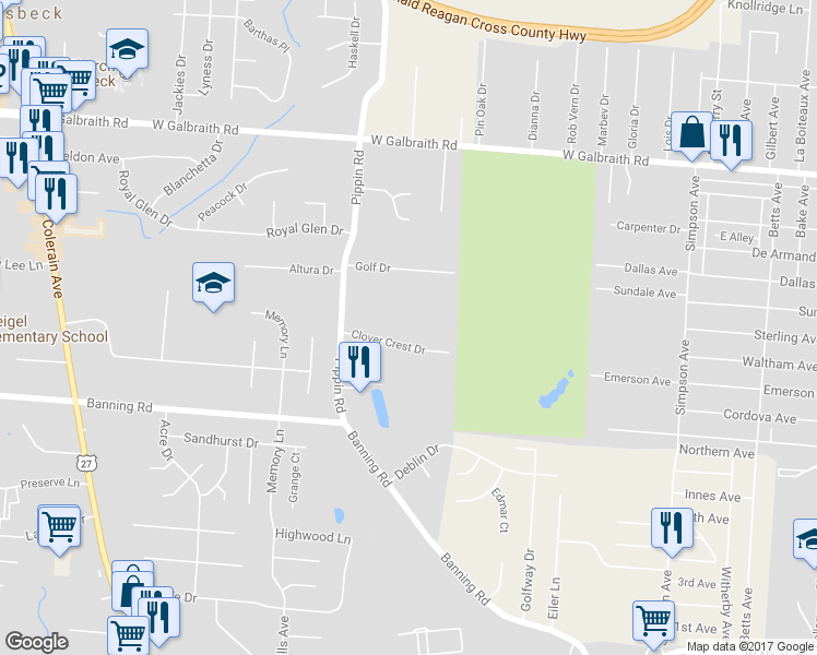 map of restaurants, bars, coffee shops, grocery stores, and more near 2378 Clover Crest Drive in Cincinnati