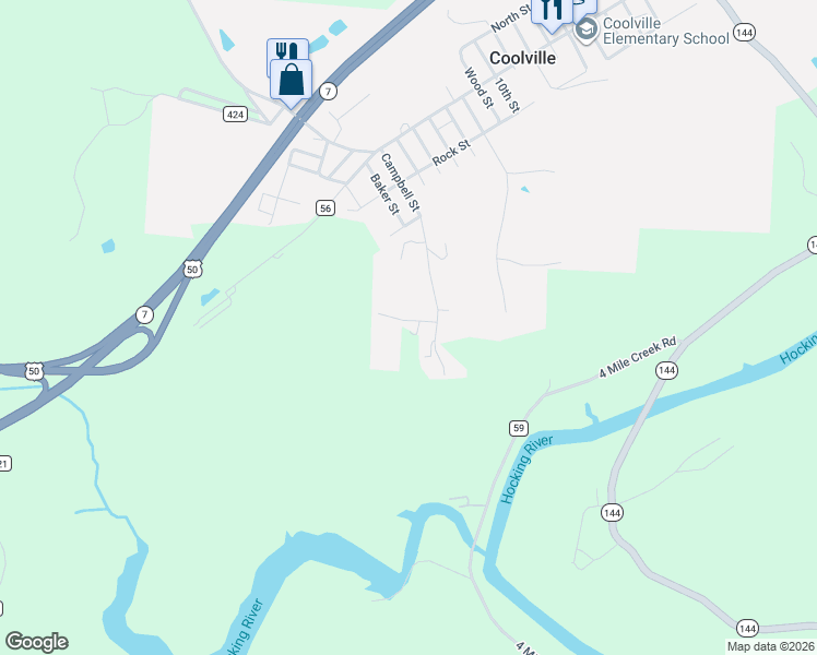map of restaurants, bars, coffee shops, grocery stores, and more near 26051 Windy Lane in Coolville
