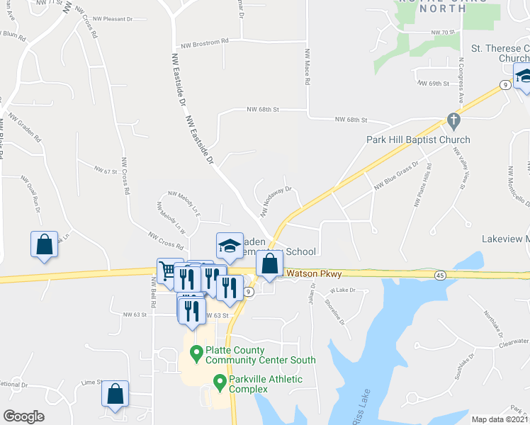 map of restaurants, bars, coffee shops, grocery stores, and more near 8303 Northwest Nodaway Drive in Kansas City
