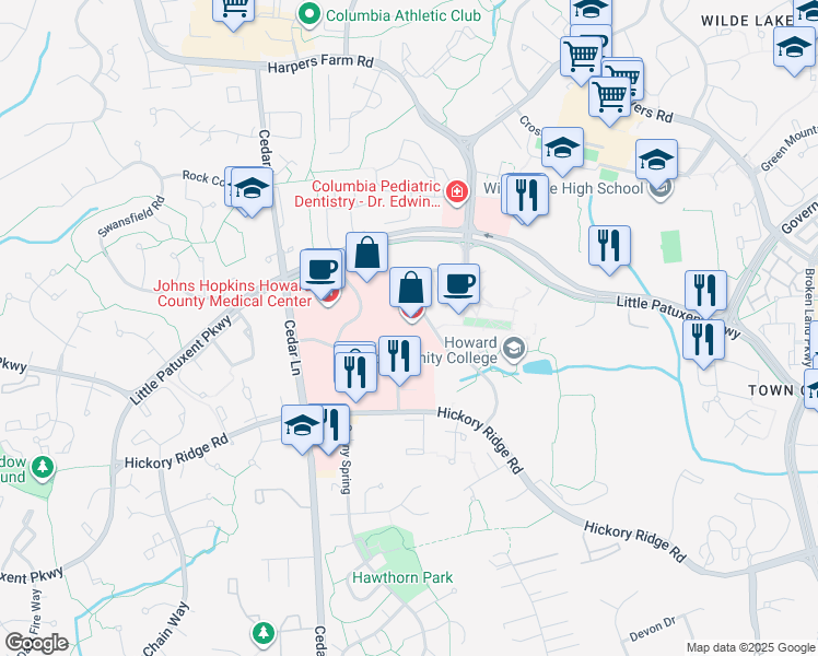 map of restaurants, bars, coffee shops, grocery stores, and more near 10710 Charter Drive in Columbia