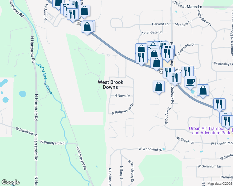 map of restaurants, bars, coffee shops, grocery stores, and more near 4390 North Brookwood Drive in Bloomington