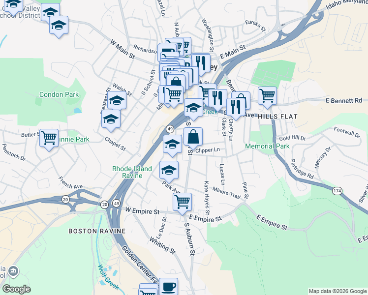 map of restaurants, bars, coffee shops, grocery stores, and more near 408 South Auburn Street in Grass Valley