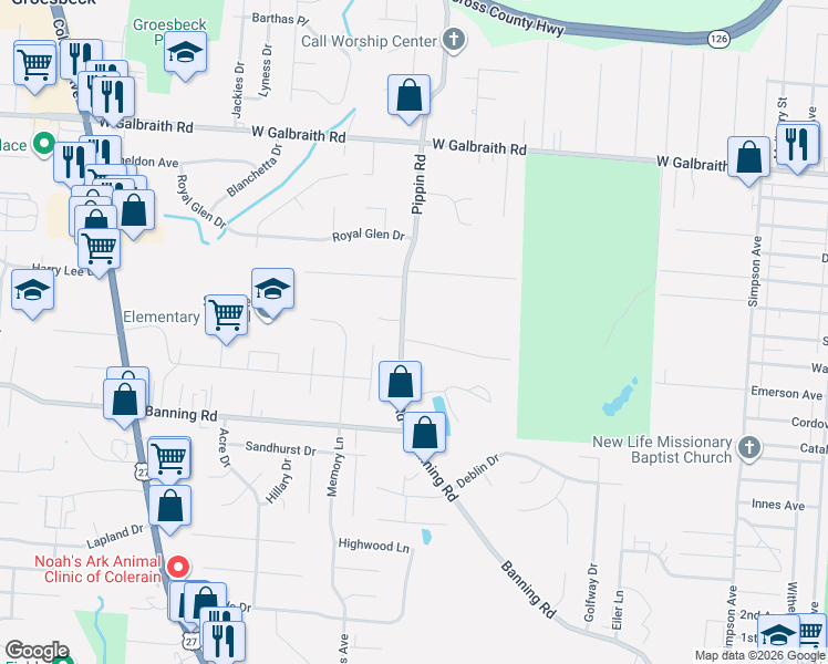 map of restaurants, bars, coffee shops, grocery stores, and more near 2467 Clover Crest Drive in Cincinnati