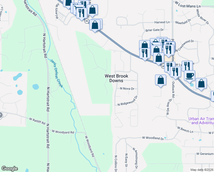 map of restaurants, bars, coffee shops, grocery stores, and more near 4355 North Brookwood Drive in Bloomington