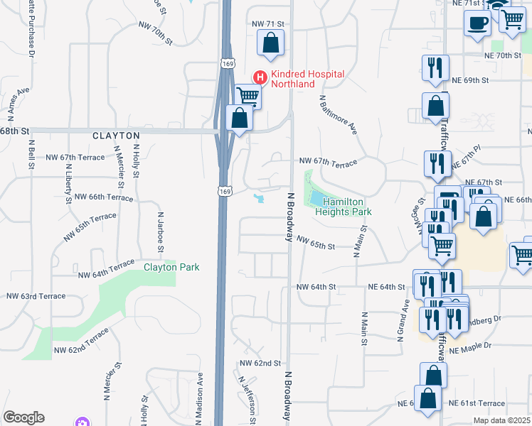 map of restaurants, bars, coffee shops, grocery stores, and more near 506 Northwest 66 Street in Kansas City