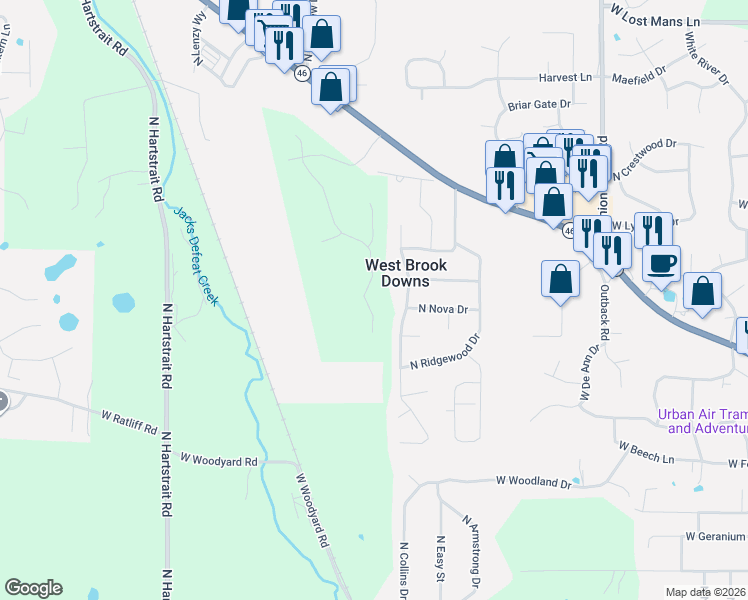 map of restaurants, bars, coffee shops, grocery stores, and more near 4355 North Brookwood Drive in Bloomington