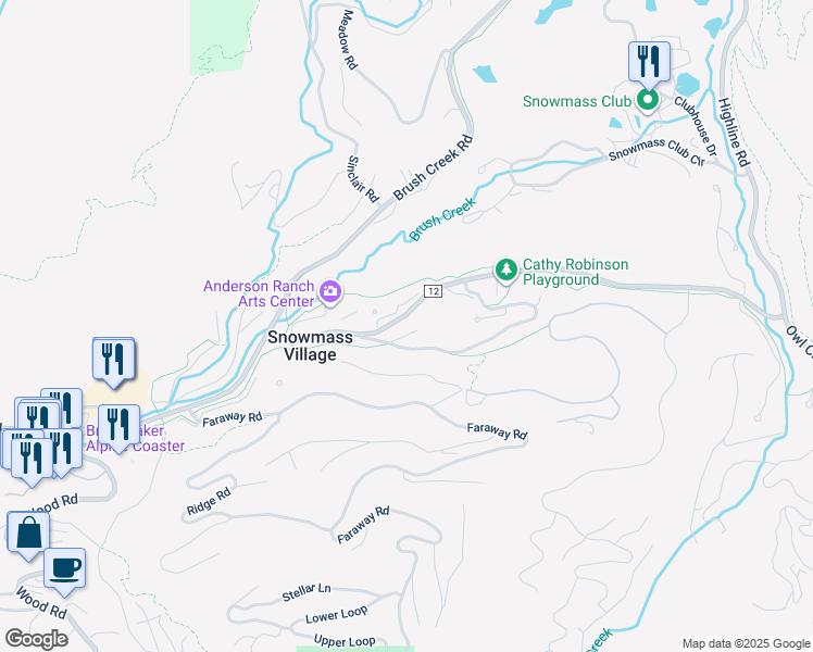 map of restaurants, bars, coffee shops, grocery stores, and more near 20 Meadow Ranch Road in Aspen