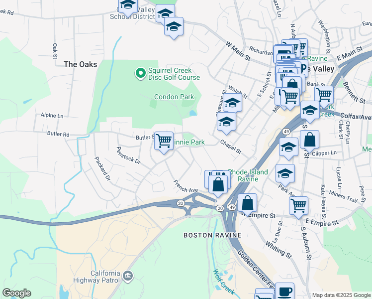 map of restaurants, bars, coffee shops, grocery stores, and more near 130 Hocking Avenue in Grass Valley