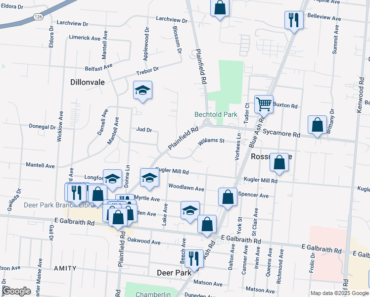 map of restaurants, bars, coffee shops, grocery stores, and more near 8509 Needlewood Court in Cincinnati