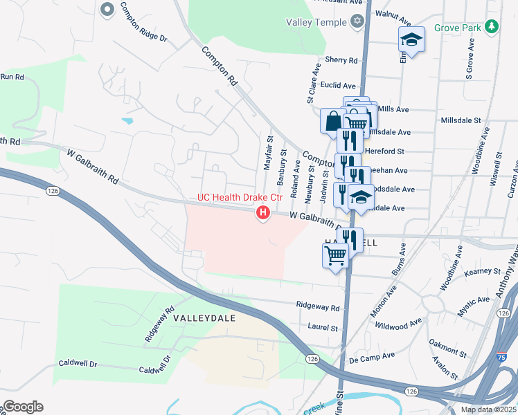 map of restaurants, bars, coffee shops, grocery stores, and more near 151 West Galbraith Road in Cincinnati