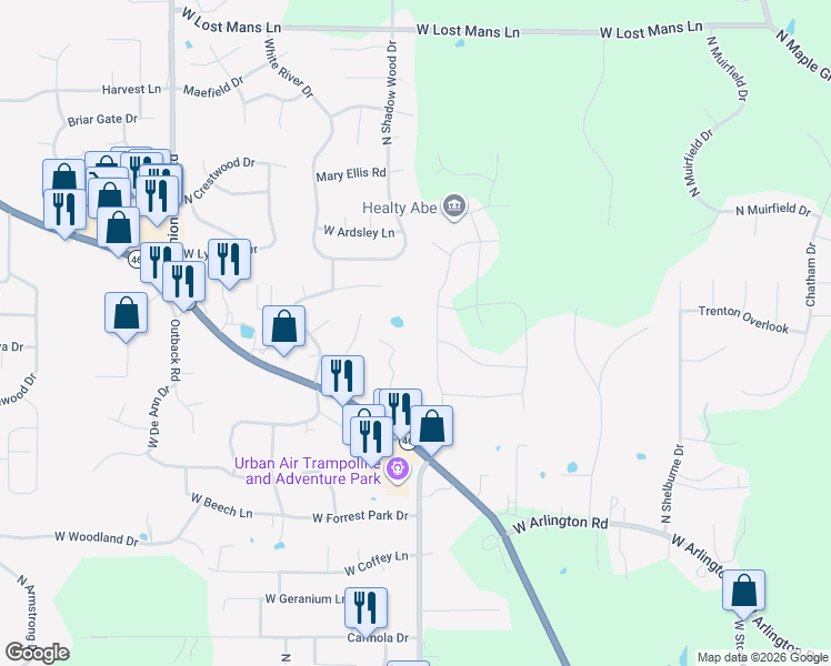 map of restaurants, bars, coffee shops, grocery stores, and more near 4337-4457 Centennial Drive in Bloomington