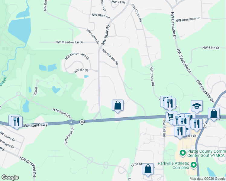 map of restaurants, bars, coffee shops, grocery stores, and more near 6504 Northwest Quail Run Drive in Kansas City