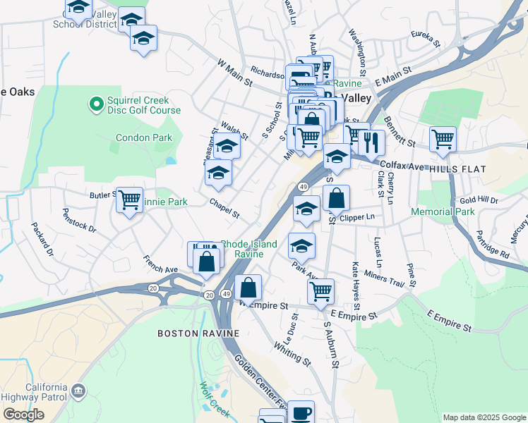 map of restaurants, bars, coffee shops, grocery stores, and more near 369 Mill Street in Grass Valley