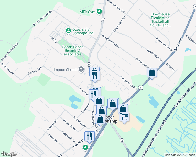 map of restaurants, bars, coffee shops, grocery stores, and more near 33 New Jersey 50 in Ocean View