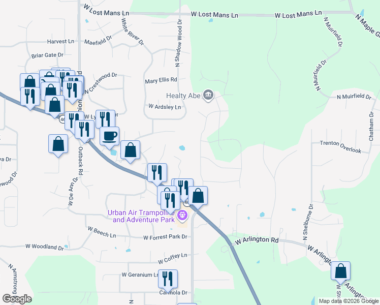 map of restaurants, bars, coffee shops, grocery stores, and more near 4337-4457 Centennial Drive in Bloomington