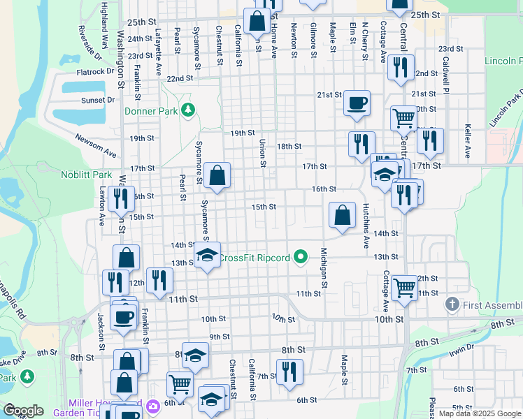 map of restaurants, bars, coffee shops, grocery stores, and more near 1423 Union Street in Columbus