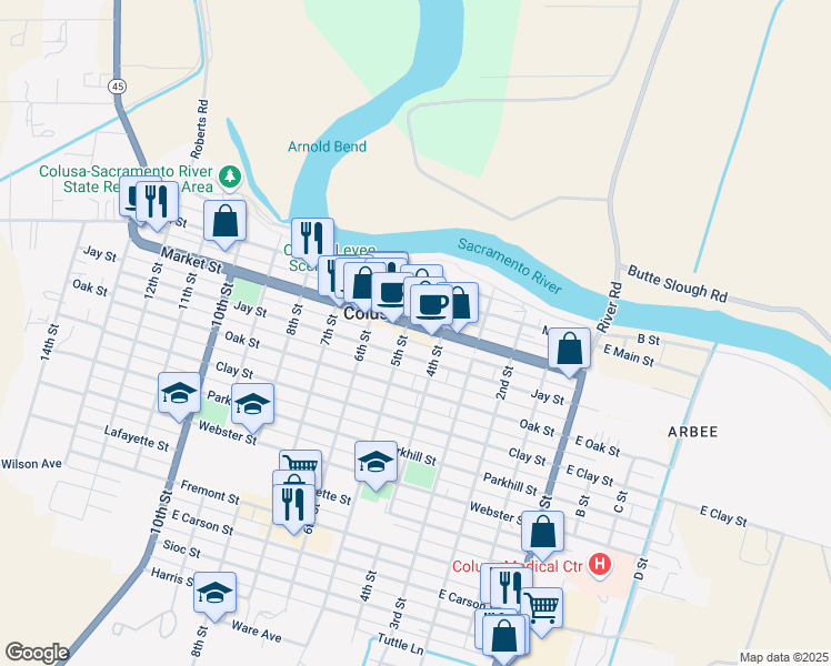 map of restaurants, bars, coffee shops, grocery stores, and more near 200-298 4th Street in Colusa