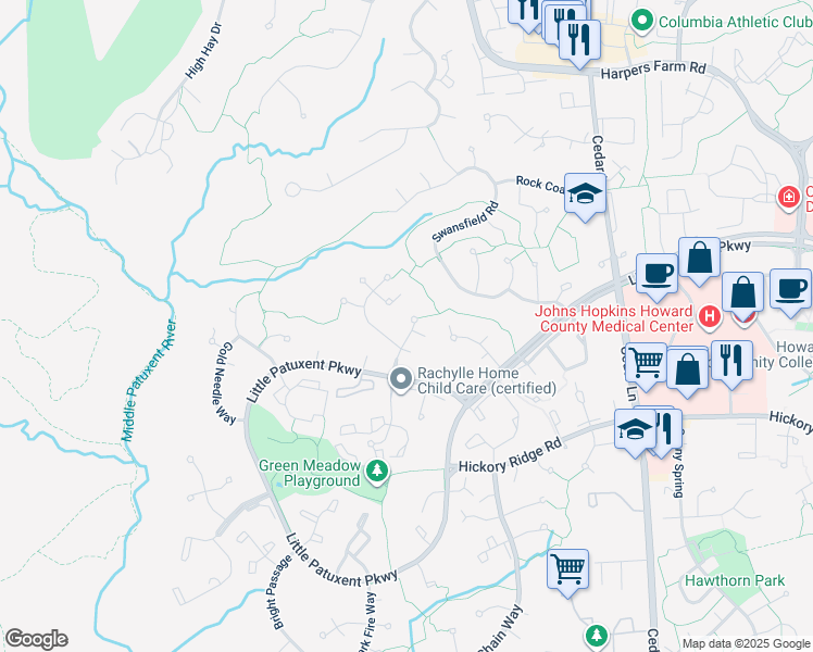 map of restaurants, bars, coffee shops, grocery stores, and more near 12123 Gray Star Way in Columbia