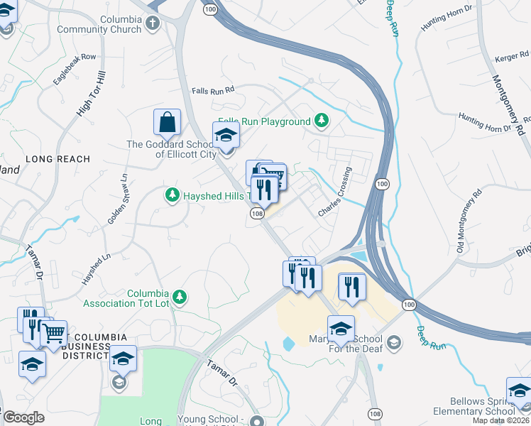 map of restaurants, bars, coffee shops, grocery stores, and more near 5705 Richards Valley Road in Ellicott City