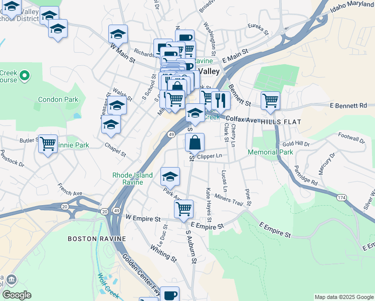 map of restaurants, bars, coffee shops, grocery stores, and more near 107 Mohawk Street in Grass Valley