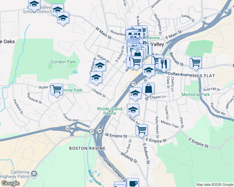 map of restaurants, bars, coffee shops, grocery stores, and more near 335 Mill Street in Grass Valley