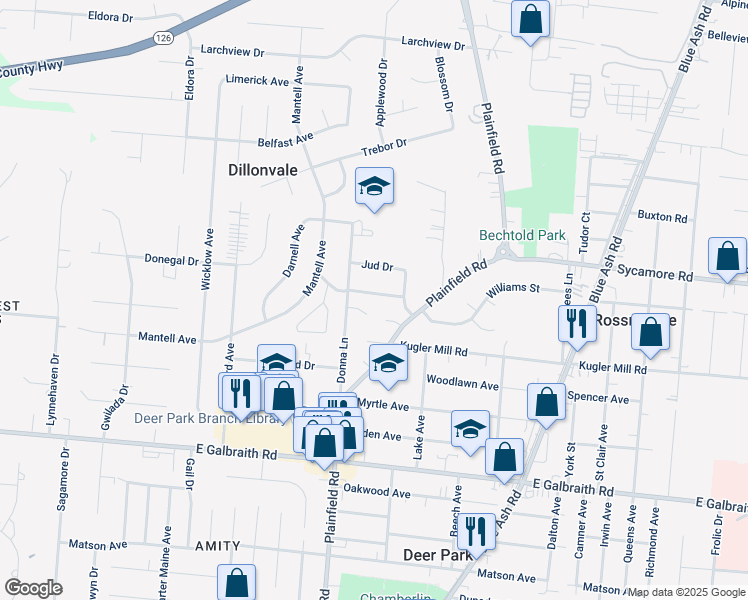 map of restaurants, bars, coffee shops, grocery stores, and more near 4112 Estermarie Drive in Cincinnati