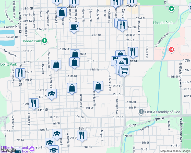 map of restaurants, bars, coffee shops, grocery stores, and more near 1321 16th Street in Columbus