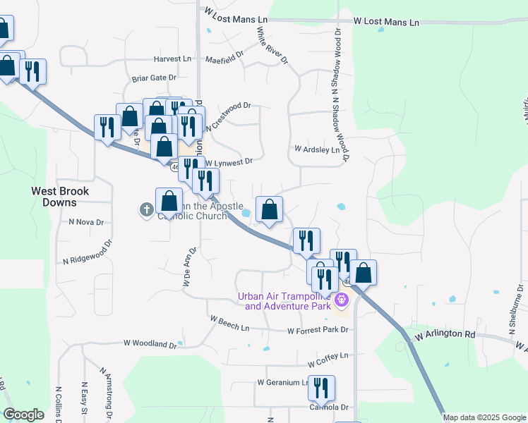 map of restaurants, bars, coffee shops, grocery stores, and more near 4550 North Deer Park Drive in Bloomington
