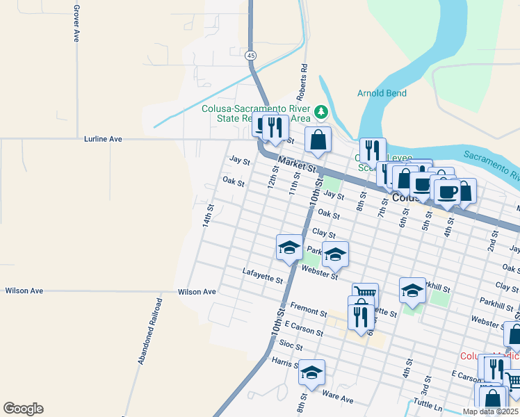map of restaurants, bars, coffee shops, grocery stores, and more near 1245 Oak Street in Colusa