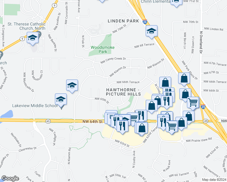 map of restaurants, bars, coffee shops, grocery stores, and more near 6517 Northwest Hilldale Drive in Kansas City