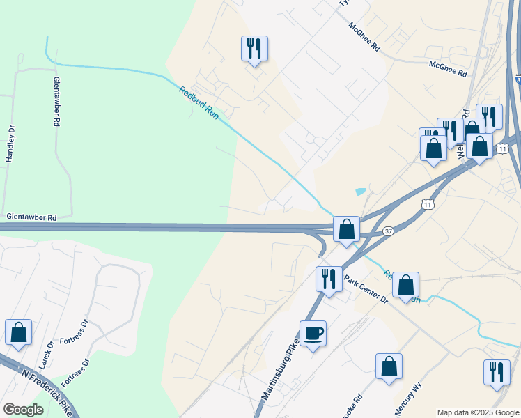 map of restaurants, bars, coffee shops, grocery stores, and more near 414 Lenoir Drive in Winchester