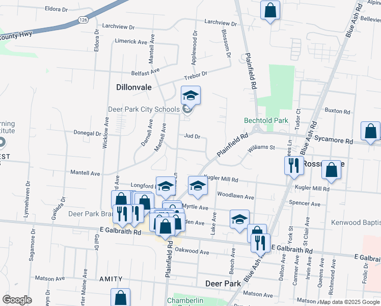 map of restaurants, bars, coffee shops, grocery stores, and more near 4112 Estermarie Drive in Cincinnati