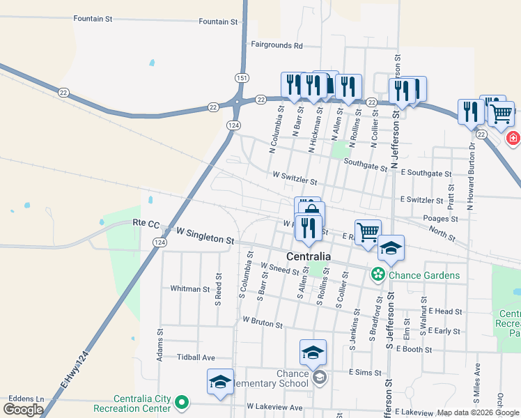 map of restaurants, bars, coffee shops, grocery stores, and more near 209 North Columbia Street in Centralia