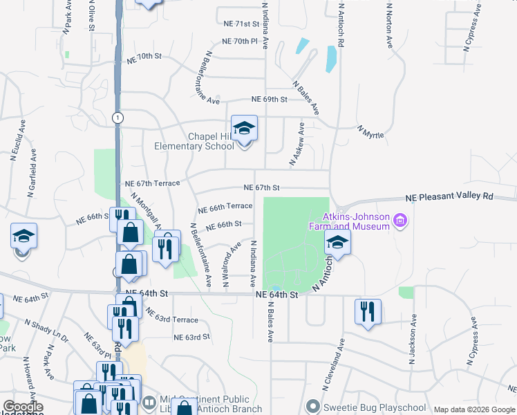 map of restaurants, bars, coffee shops, grocery stores, and more near 3205 Northeast 67th Street in Kansas City