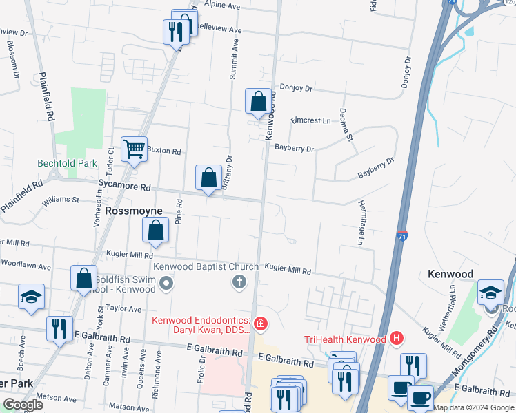map of restaurants, bars, coffee shops, grocery stores, and more near 8587 Kenwood Road in Cincinnati