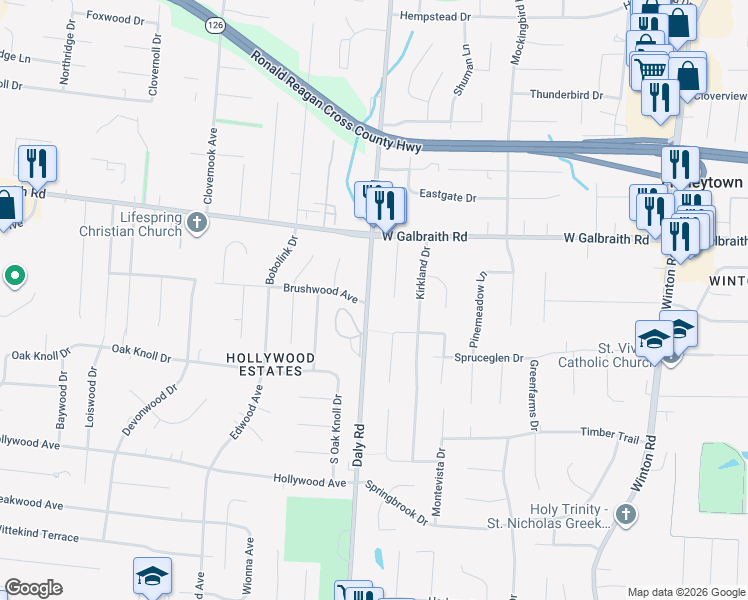 map of restaurants, bars, coffee shops, grocery stores, and more near 7890 Daly Road in Cincinnati