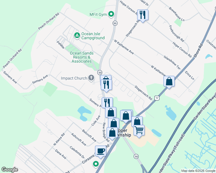 map of restaurants, bars, coffee shops, grocery stores, and more near 1 Kruk Terrace in Cape May County