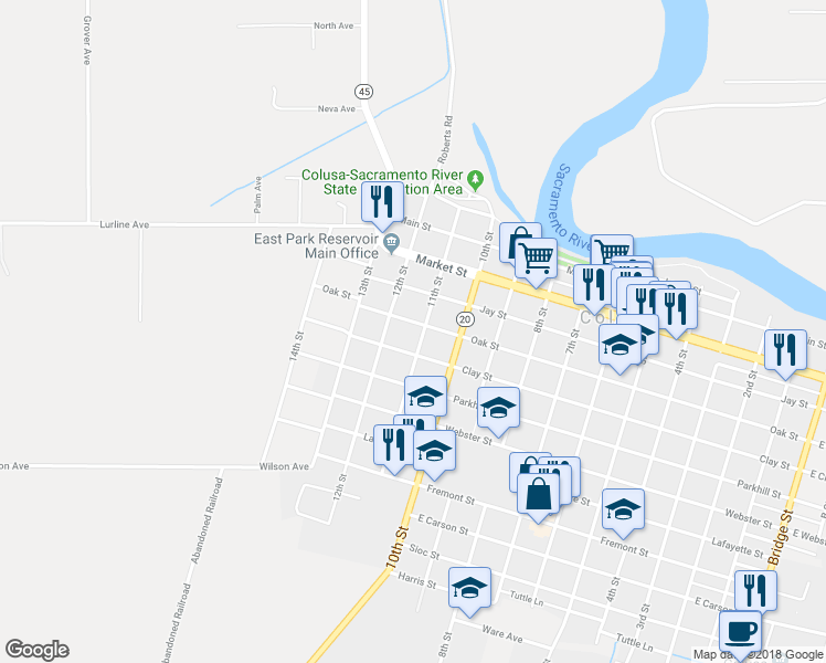 map of restaurants, bars, coffee shops, grocery stores, and more near 1136 Oak Street in Colusa