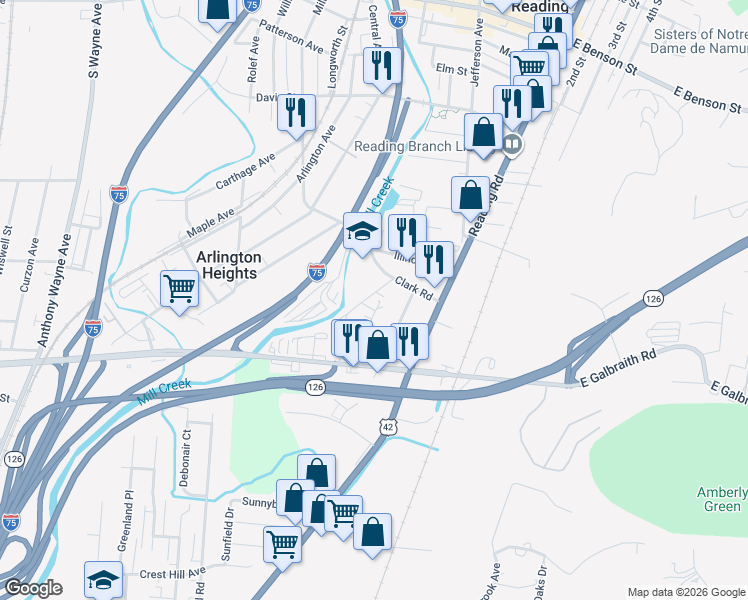 map of restaurants, bars, coffee shops, grocery stores, and more near 255 Ohio Avenue in Cincinnati