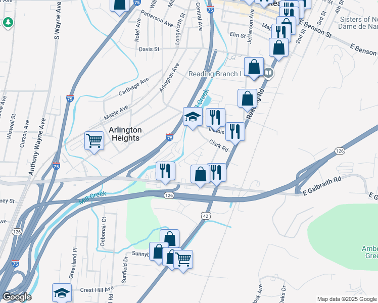 map of restaurants, bars, coffee shops, grocery stores, and more near 255 Ohio Avenue in Cincinnati