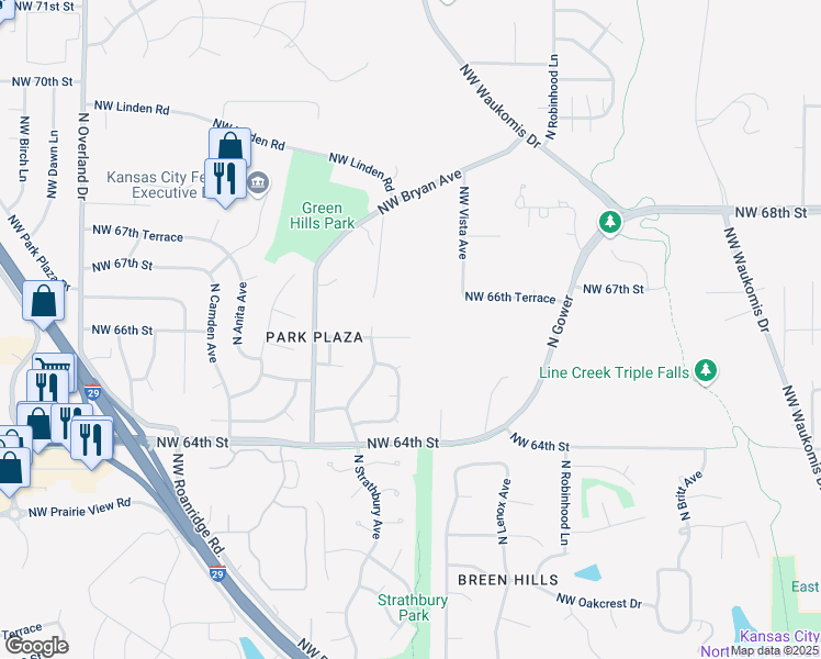 map of restaurants, bars, coffee shops, grocery stores, and more near 6700 Northwest Vista Avenue in Kansas City