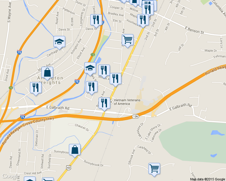 map of restaurants, bars, coffee shops, grocery stores, and more near 8501 Reading Road in Cincinnati