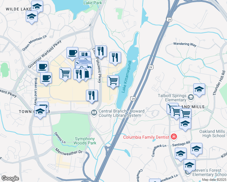 map of restaurants, bars, coffee shops, grocery stores, and more near 10275 Little Patuxent Parkway in Columbia