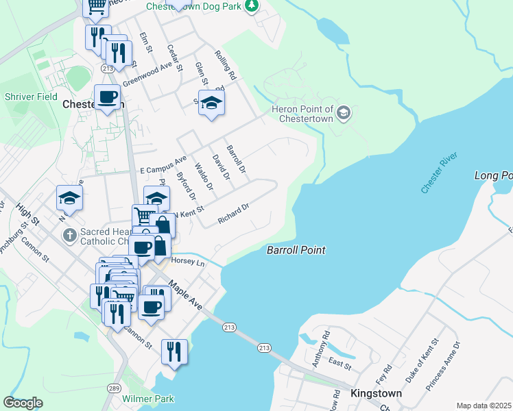 map of restaurants, bars, coffee shops, grocery stores, and more near 221 Richard Drive in Chestertown